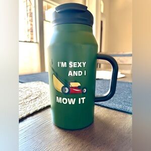 Cracker Barrel Green Travel Mug with Red & Yellow Lawn Mower Graphic